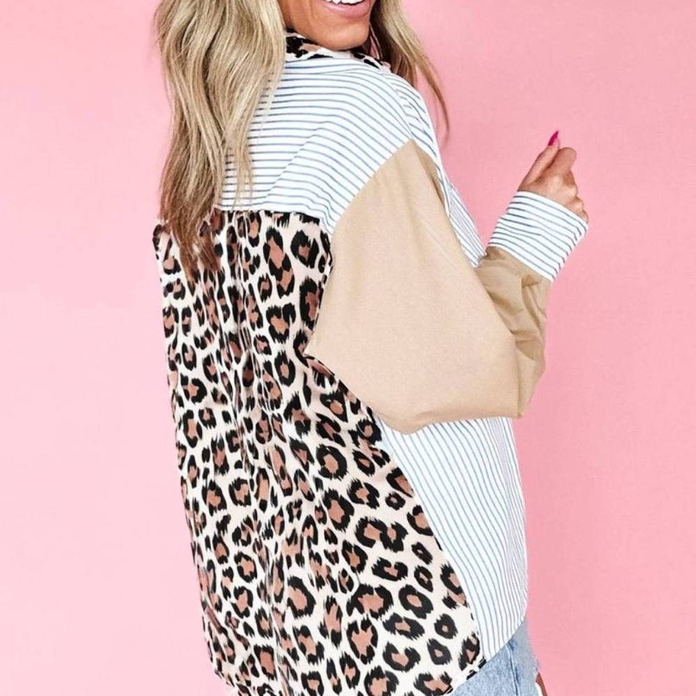 NWT STRIPE COLORBLOCK LEOPARD PATCHWORK BLOUSE NWT - image 2